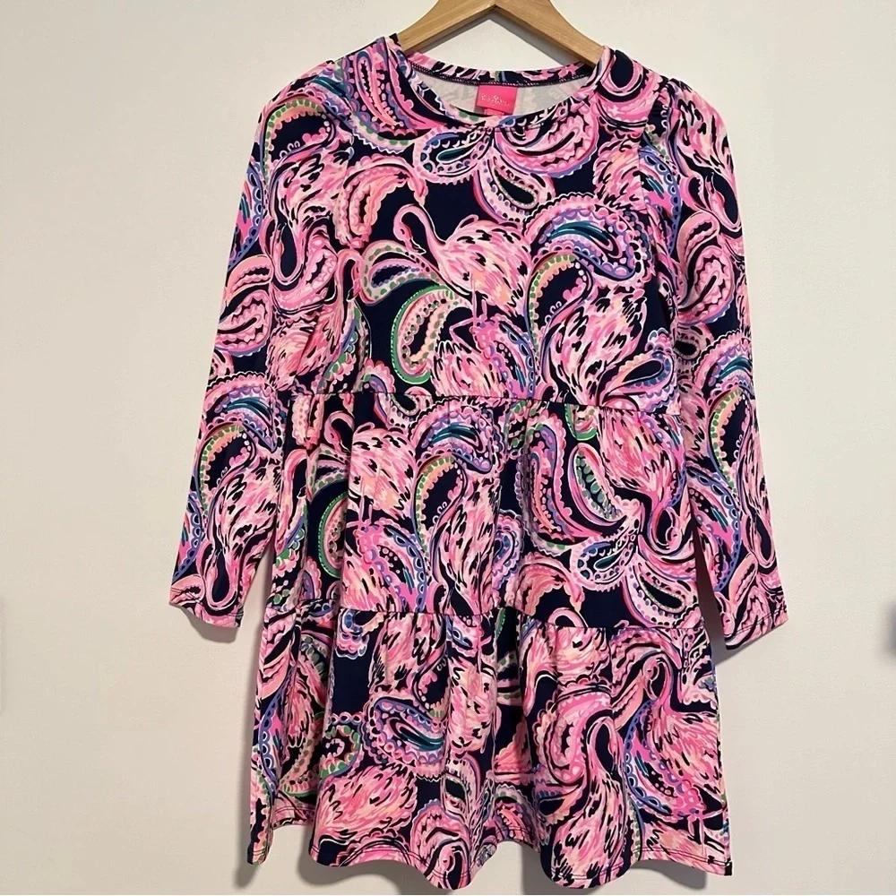 Lilly Pulitzer Mini Arlette flamingo Print long sleeve tiered kids Dress